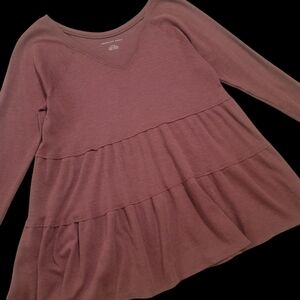 American Eagle Tiered V Neck Tunic Burgundy Shirt Oversized Fit Long Sleeve